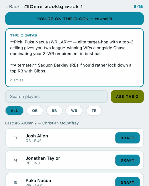 A draft-room AI recommendation naming a pick and an alternate, referencing players already drafted.