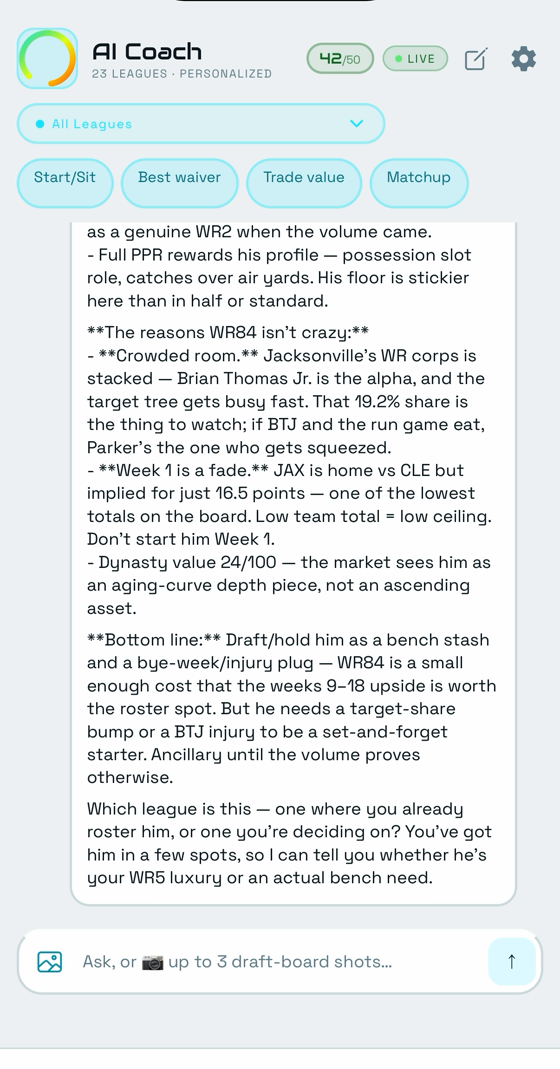 A long AI Coach answer weighing a receiver's role, target share and week-one matchup.