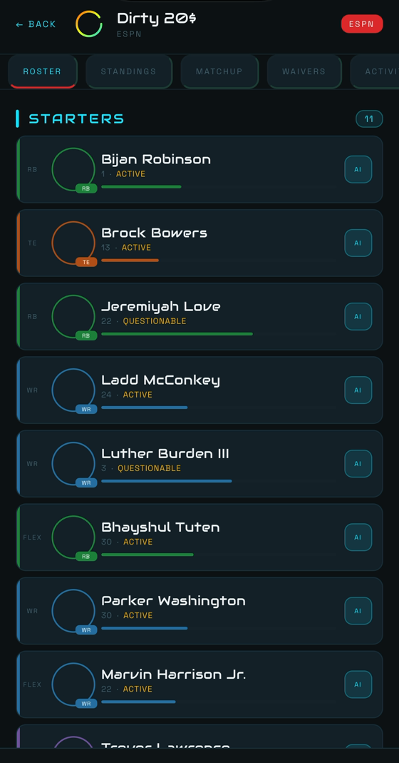 An AIOmni roster screen showing starters with live status indicators.